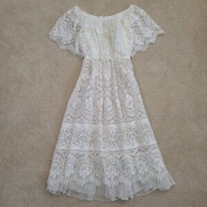 VNT. Ricki Lang for Nuit White Lace Midi Dress Off Shoulder CottageCore Boho